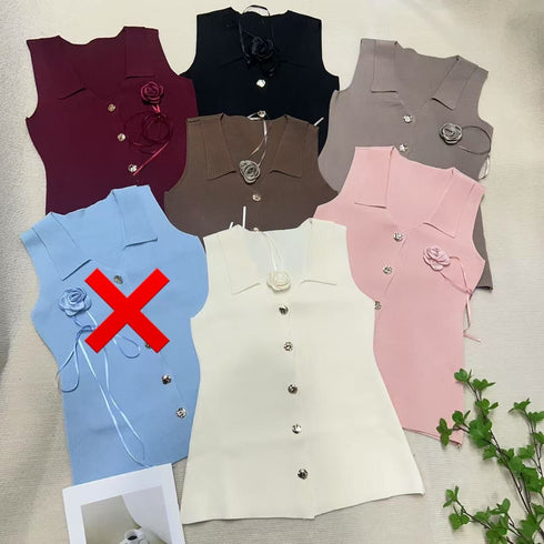 Knitted Collar Down Crystal Buttons Vest